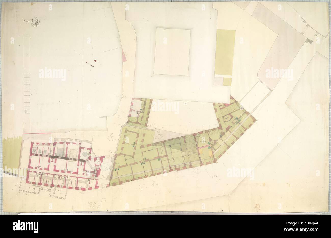 Baden, bagno delle donne e edificio residenziale imperiale, piano terra, piano terra, indeterminato, 1812, pianta, carta; disegno a penna; linee di costruzione a matita, penna in grigio e nero, lavaggio multicolore, timbro, V: penna, 62,9 x 98 cm, segno da collezione: aquila a due teste/ K K HOF BAURATH [timbro], H 591; ARCHIVIO K. K. BAU [timbro]; verso: 448/ biblioteca del k. k. Ministry of Public Works [timbro]. La datazione si basa sull'iscrizione sul retro, 'piano centrale Foto Stock