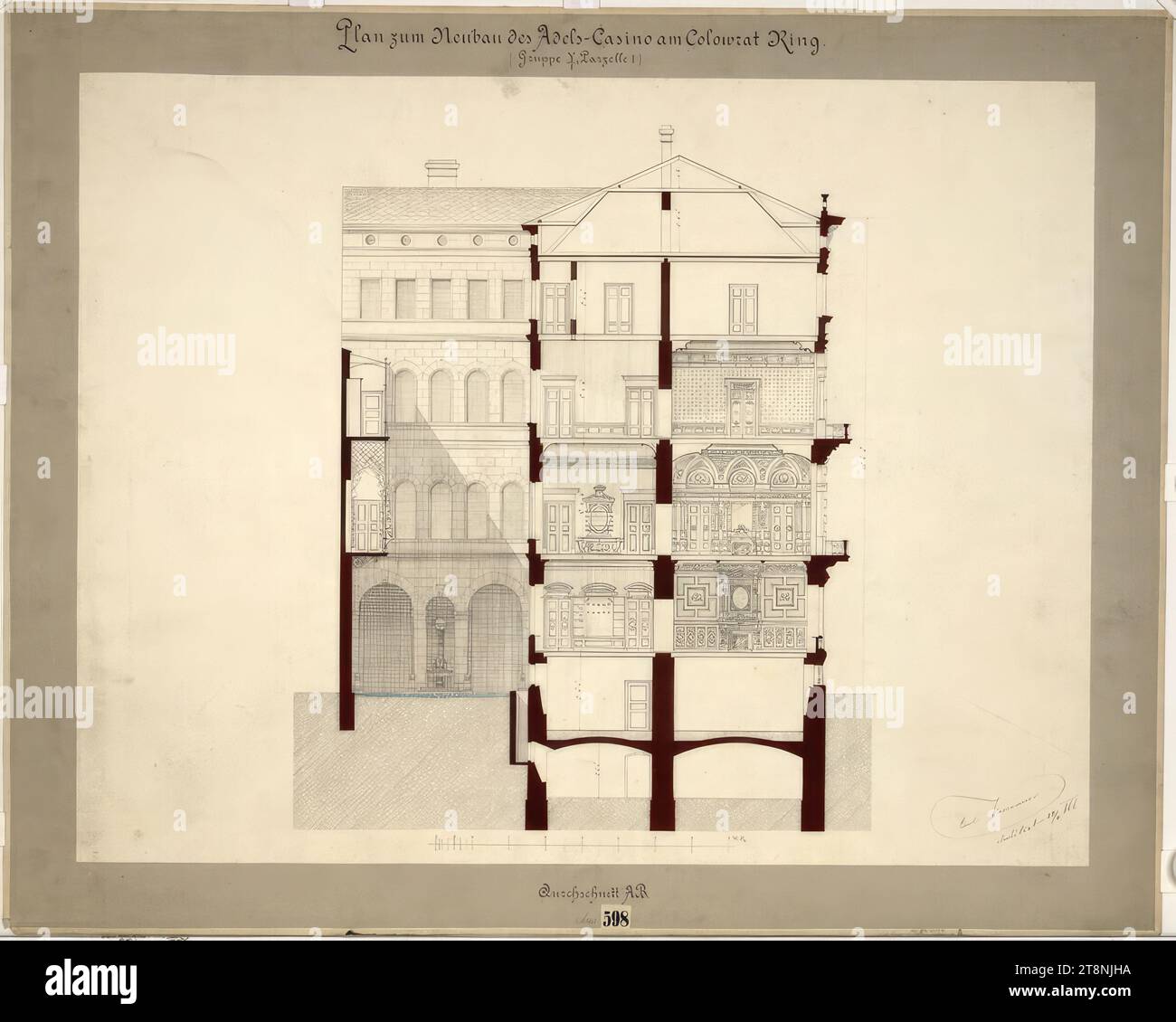 Vienna i, Kolowrat-Ring (oggi Schubert-Ring), Adelscasino, sezione longitudinale, Carl von Hasenauer (Vienna 1833 - 1894 Vienna), 22 aprile 1866, piano, 'piano per la nuova costruzione dell'Adels-Casino am Colowrat Ring./ (: Gruppo Y/ 1, pacchetto 1 Foto Stock