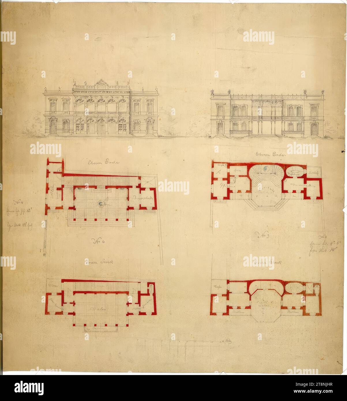 Progetto per un casinò con giardino (Vienna XIII, Villa Sullivan ?), piani e altitudini, Heiss2, 1860-1870, piano, matita, disposti in rosso, 68 x 47 cm Foto Stock