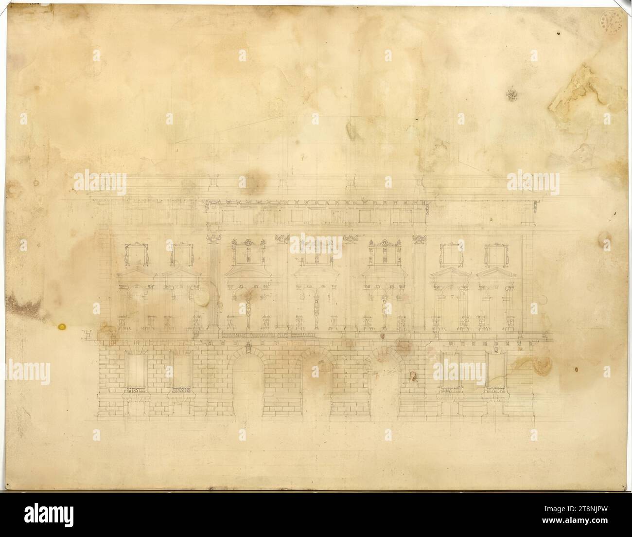 Vienna i, Burgring, Adels Casino, facciata principale, bozzetto di elevazione, Heiss2, 1865, disegno architettonico, matita su carta Foto Stock