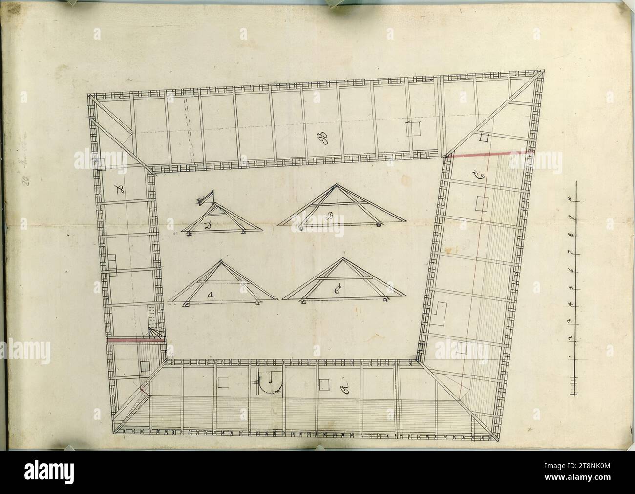 Laxenburg, Schecksches Haus, costruzione del tetto, indeterminata, 1803, planimetria, carta, spessore medio; disegno a penna; disegno preliminare a matita, penna nera, marrone, lavata in grigio, rosa, verde, blu, giallo, matita, 26,6 x 37,3 cm Foto Stock