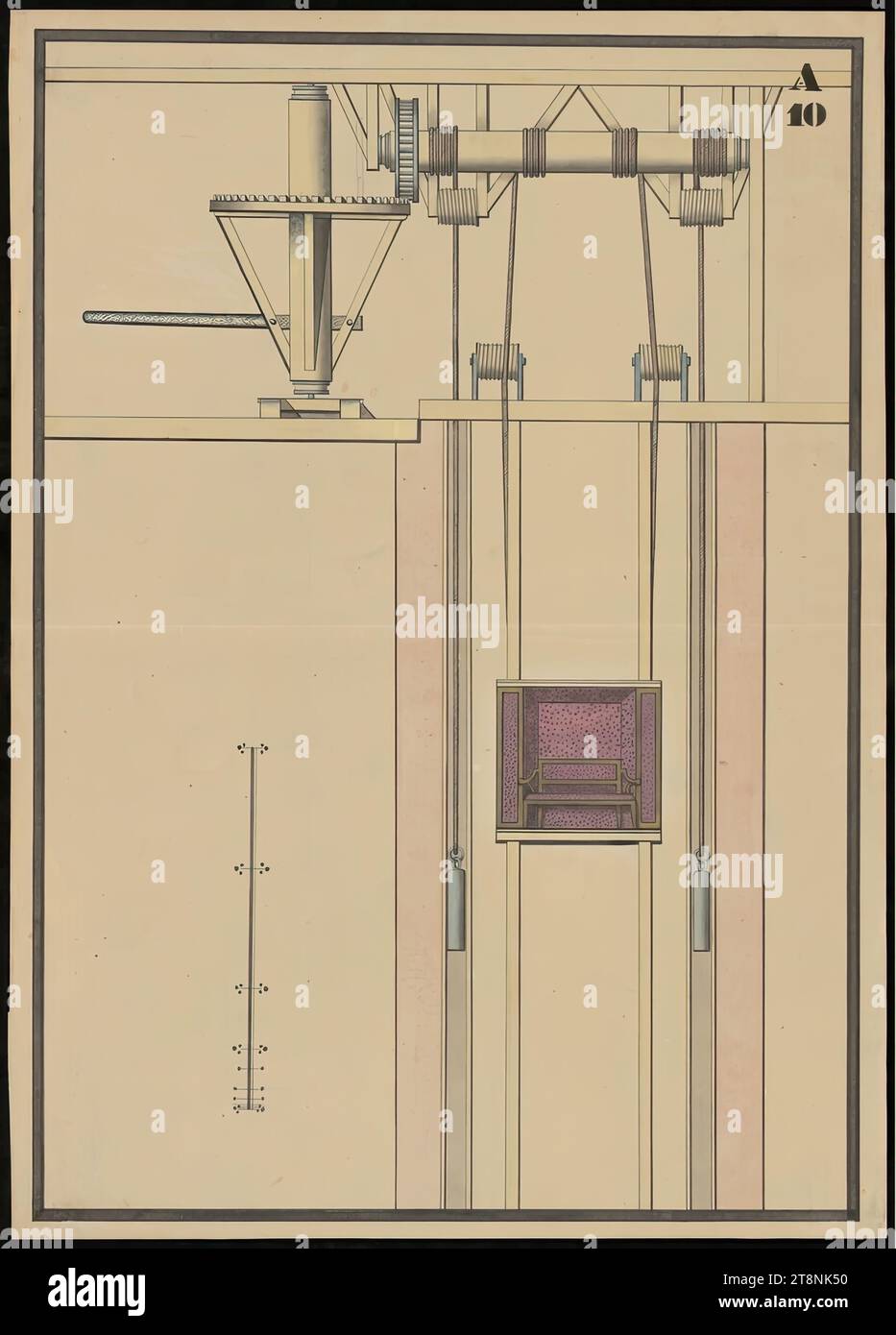 Vienna, Palazzo Schönbrunn, macchina di sollevamento con sedia/ascensore passeggeri, viste ortogonali, disegno architettonico indefinito, carta; disegno a penna; costruzione in grafite, penna in nero, lavaggio multicolore, guazzo, timbro nero, 54,5 x 38,8 cm Foto Stock