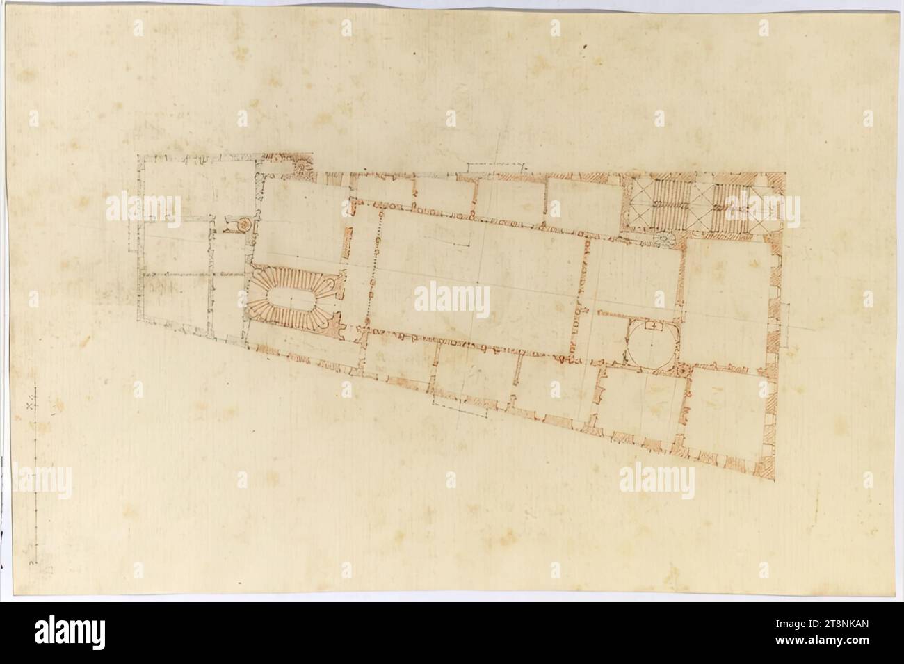 Roma, Palazzo Carpegna, progetto con cortile rettangolare a pilastri, planimetria complessiva del piano nobile, disegno architettonico, carta, peso medio; grafite e sanguina; costruzione e scala in grafite, disegno in grafite e sangue, 25,6 x 38,9 cm Foto Stock