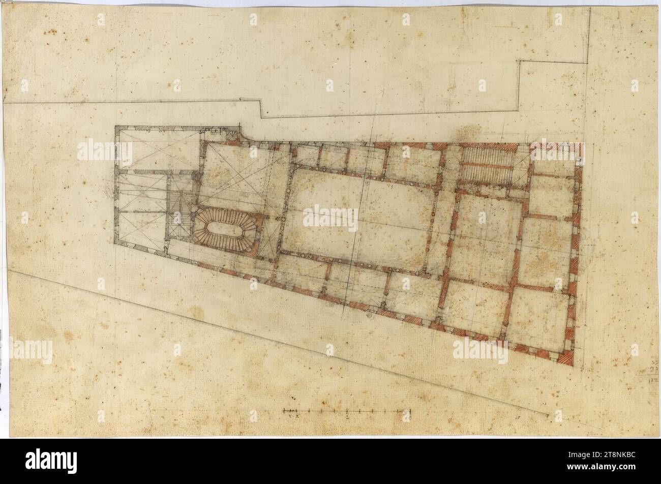 Roma, Palazzo Carpegna, progetto con cortile colonnato rettangolare, planimetria con planimetria complessiva del piano nobile, disegno architettonico, carta, peso medio; grafite e sanguine; costruzione, scala e iscrizione in grafite, disegno in grafite e sangue, 26 x 39,5 cm Foto Stock