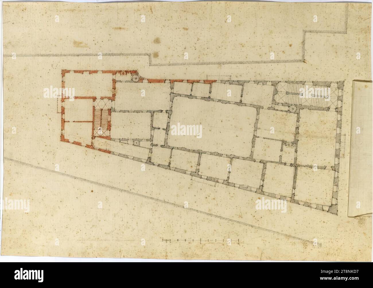 Roma, Palazzo Carpegna, progetto con cortile rettangolare a pilastri, planimetria con planimetria complessiva del piano nobile, disegno architettonico, carta, peso medio; grafite e sanguine; costruzione e scala in grafite; disegno in grafite e sangue, 26 x 37,2 cm Foto Stock