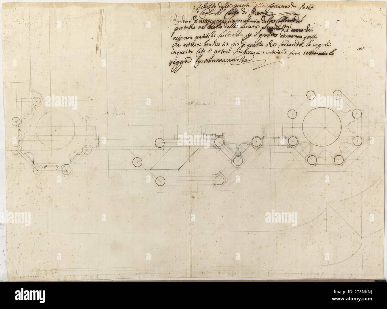 ROM, Santi Ambrogio e Carlo, San Carlo al corso, Fassadengrundriss, 17. Jahrhundert, Architekturzeichnung, Konstruktion, Zeichnung, Originalbeschriftung und Kotierung in feinstem Graphit; später mit fineer Feder, 25,5 cm x 35,3 cm, im Plan (Francesco Righi ?): ' 12, porta' und 'porta'; r.o. (Bernardo Castelli Borromini): "bozzetto della pianta della facciata di Sant, Carlo al corso di Roma, ricordati di restringere l'intercolunio del Collone del portico al centro della facciata almeno alle 17.00 o alle 18.00, acio non patischi architrave per la grande sala ma quella Foto Stock