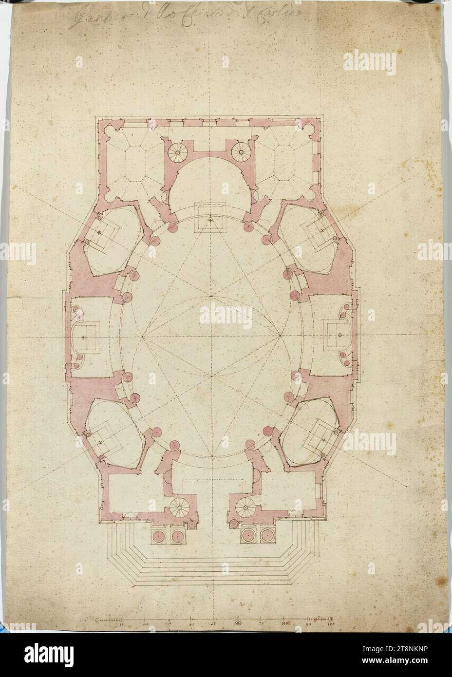 Roma, Sant' Eustachio, progetto di nuova costruzione, disegno architettonico, carta, solido; disegno a penna, acquerello; scanalature cieche; disegno con penna in marrone, acquerello rosa, scala in penna, iscrizione in presa, 54,8 cm 38,3 cm Foto Stock