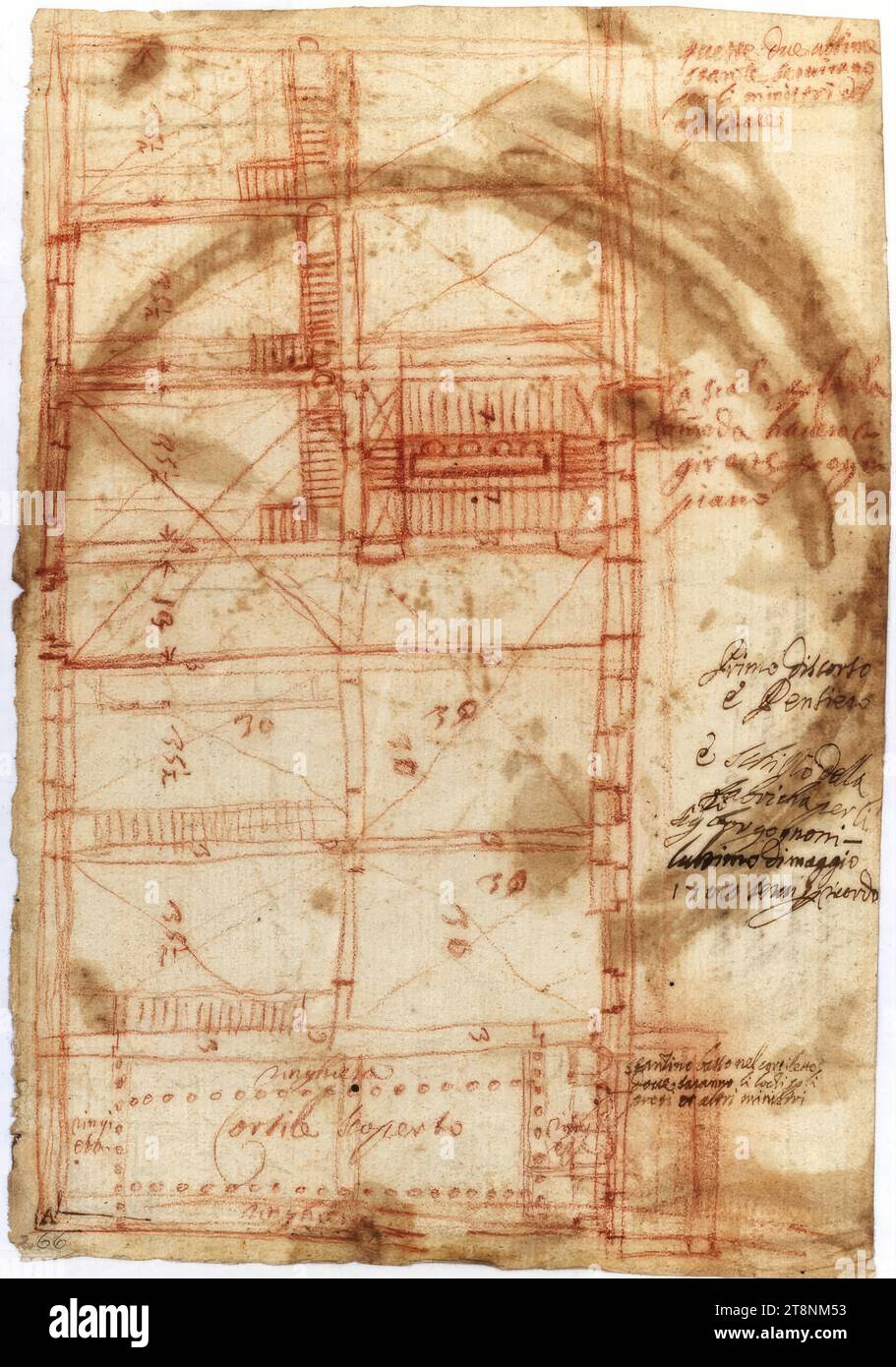 ROM, Santi Claudio e Andrea dei Borgognoni, ospedale, Grundriss, 1708, Architekturzeichnung, Skizze a Rötel, Beschriftung a Rötel e Feder a Braun, 19,2 cm x 13,2 cm, ro. (In Rötel): "Queste ultime due stanze serviranno, per i ministri dell'ospedale", più oscuro: "Le scale per renderla comoda dovranno girare ogni piano"; più oscuro (in Feder): "primo discorso, e pensiero, e schizzo del, fabricha per li, signori Borgognoni, l'ultimo maggio 1708 se ricordo" Foto Stock