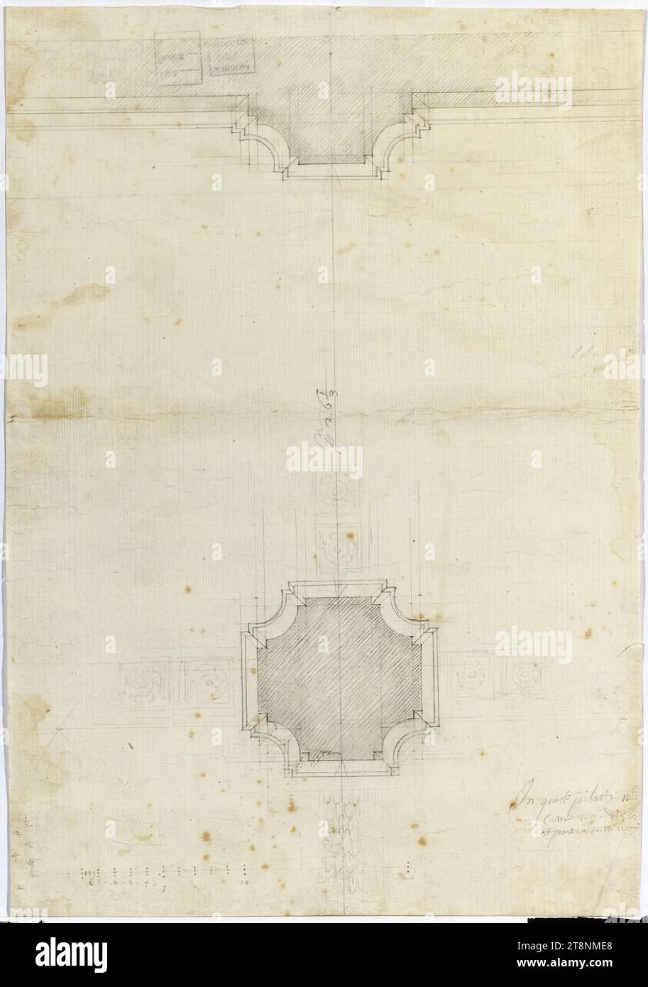 Roma, San Giovanni in Laterano, bordo della navata nelle navate laterali, disegno architettonico, carta, spessore medio; disegno in grafite; scanalature cieche; costruzione, disegno, scala e iscrizione in grafite, 37,3 x 26 cm Foto Stock