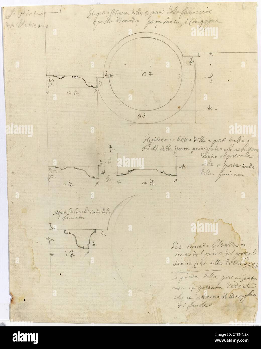 Roma, St. Peter's in the Vatican, Detailstudien zu den Eingangsportalen, 1620-1667, Architekturzeichnung, Blindrillen; Konstruktion, Zeichnung, Maßangaben und Beschriftung in Graphit, 25,9 cm x 20,3 cm, M.O. von Stosch in Bleistift: "St. Pietro, in Vaticano"; la colonna delle 3 porte della Chiesa, cioè quella al centro, porta Santa, è compagna"; stipite e membro delle 2 porte dalle fasce della porta principale che battono, all'interno del portico, nelle aperture rotonde, della facciata"; "l'altezza è stata trovata, approssimativamente dal livello del portico Foto Stock