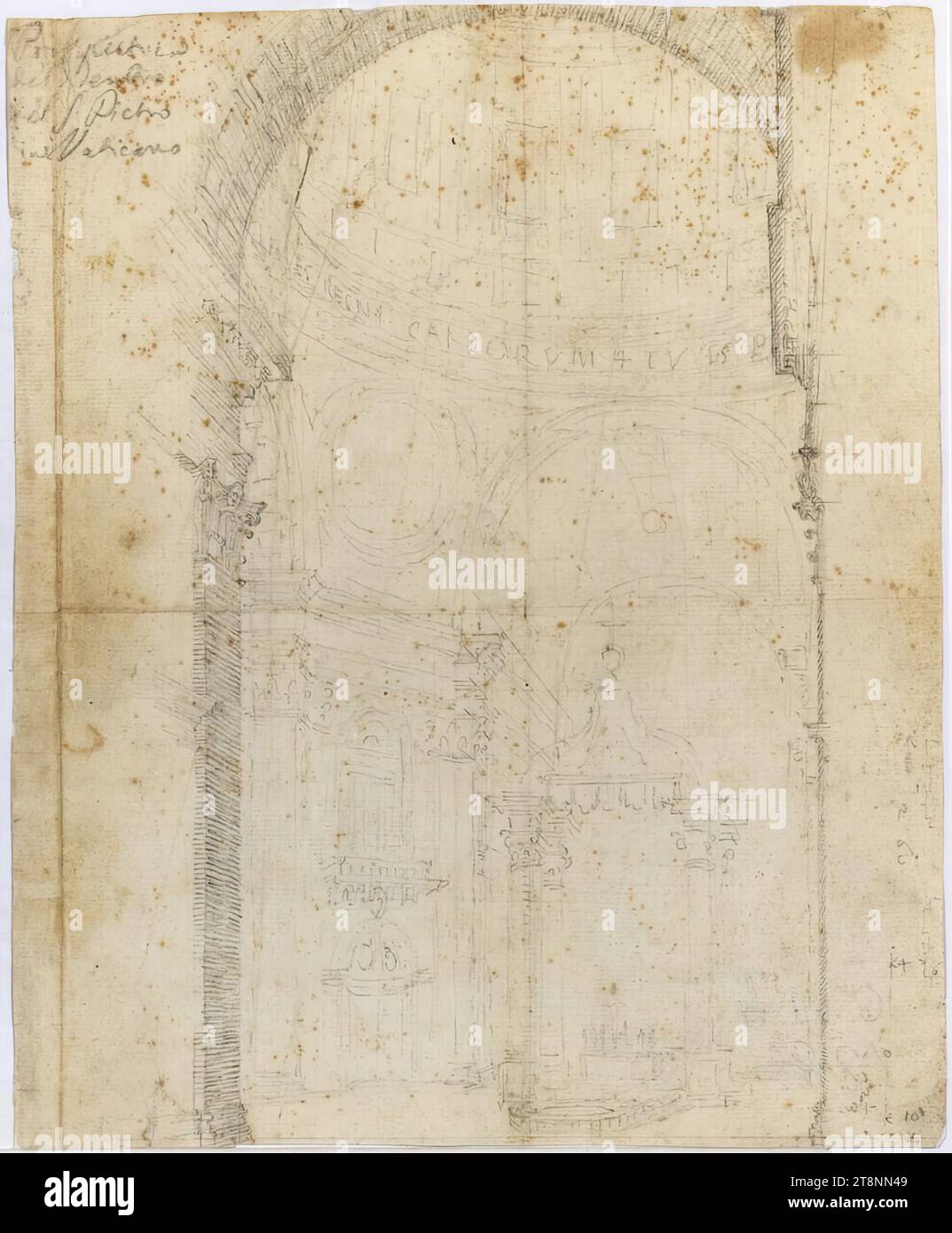 Roma, San Pietro in Vaticano, interno con baldacchino dell'altare maggiore, 1631, disegno architettonico, carta, fine; disegno in grafite; costruzione, disegno, iscrizione e citazione in grafite, 25,7 cm x 20,9 cm Foto Stock