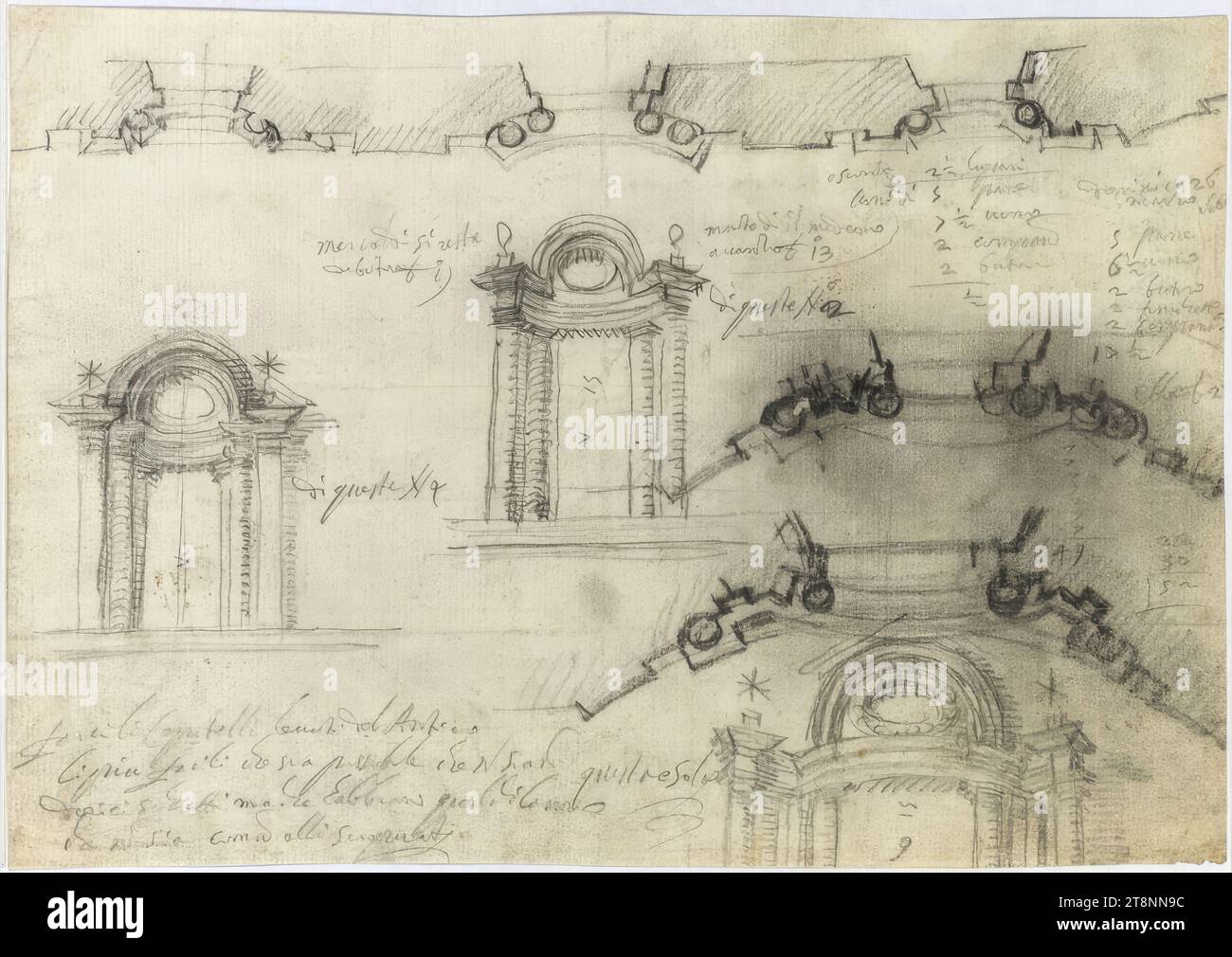 ROM, College of Propaganda Fide, Studien für Fassadenfenster, 1662, Architekturzeichnung, Papier, mittelstark; Graphitskizze; Skizzen und Beschriftungen in Graphit, 18,3 x 26,1 cm, Haushaltsrechtungen (von links nach rechts, Mitte des Blattes): 'mente dello stesso, avanti P. 13, (eingefügt) e secondo lum di questi n.o 2 // 2 1/2 lupari, 5 pane, 7 1/2 vino, 2c, 2 b, 1/2 // domenica 26 marzo 166(.), 5 pane, 6 1/2 vino, 2 burro, 2 chetto, 2 compane, 17 1/2"; (linkes Fenster): "di questi N. 4"; L. u.: "fate di noi le capitali rialzate dell'Antico Foto Stock