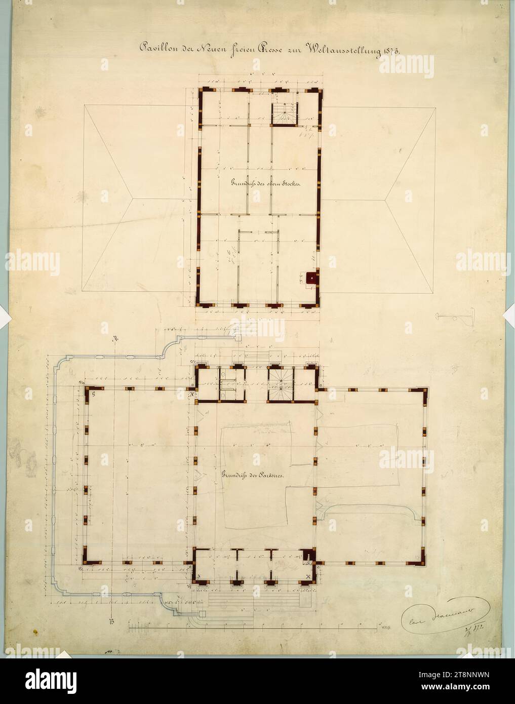 Vienna II, World Exhibition 1873, Padiglione della nuova stampa libera, planimetrie, Carl von Hasenauer (Vienna 1833 - 1894 Vienna), 1871-1873, planimetria, inchiostro e penna su carta Foto Stock