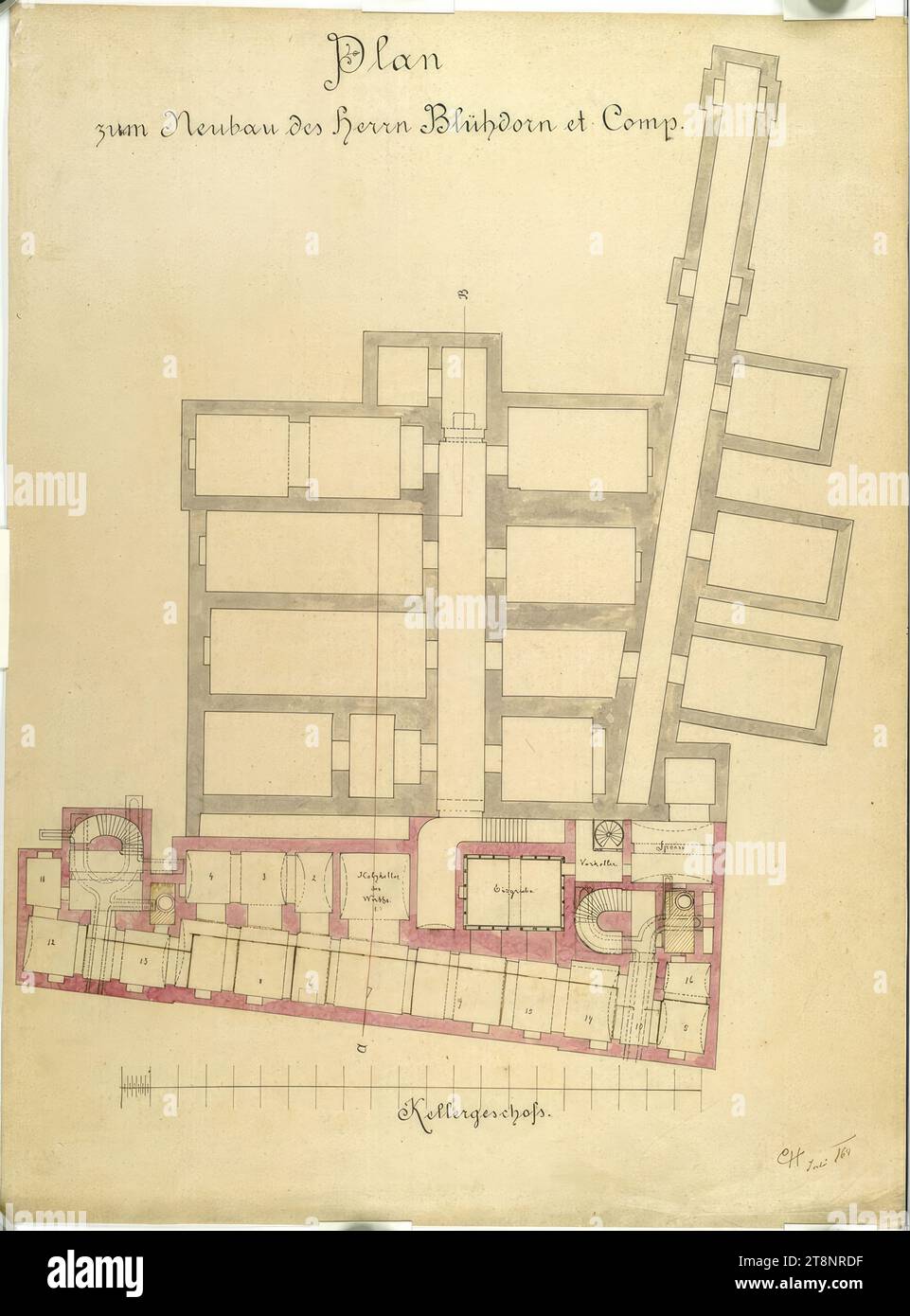 Vienna, Blühdorn & compagnie edificio con birreria, cantina, planimetria, Carl von Hasenauer (Vienna 1833 - 1894 Vienna), luglio 1864, pianta, inchiostro e penna su carta Foto Stock