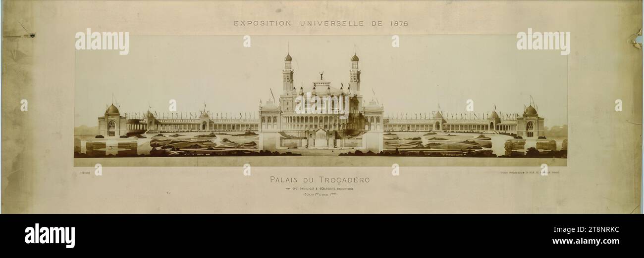 Parigi, esposizione universale del 1878, Palais du Trocadéro, Gabriel Davioud (Parigi 1823 - 1881 Parigi), Albert Fernique (Frankreich, Parigi 1841 - 1898), 1878, fotografie, Photolithographie /?), "EXPOSITION UNIVERSELLE DE 1878/ PALAIS DU TROCADÉRO, BY M. M. DAVIOUD & BOURDAIS, ARCHITECTS. [...]/ FOTO. FERNIQUE * 31. FLEURUS STREET. PARIGI Foto Stock