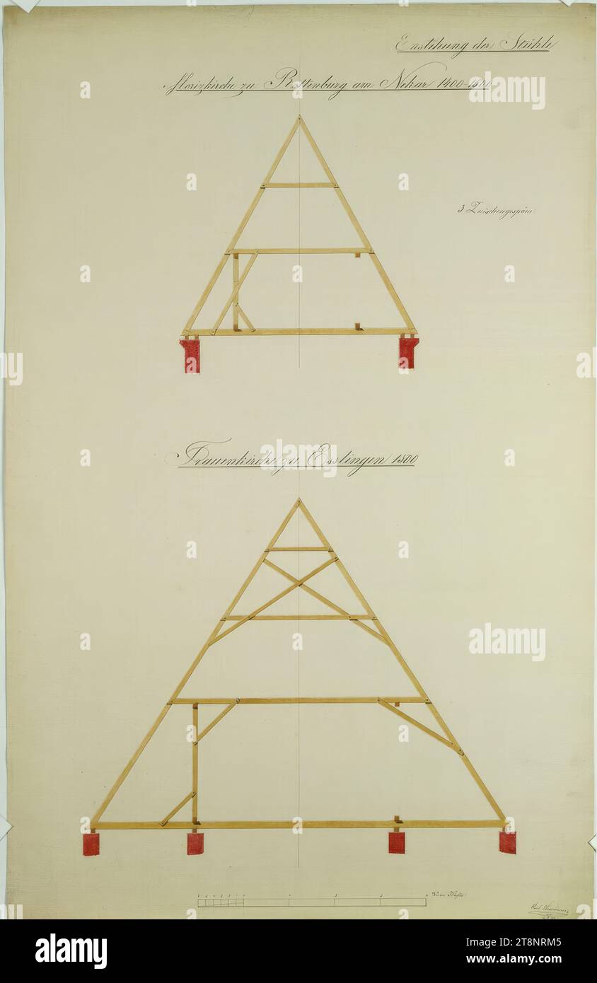 Rottenburg am Neckar, Moritzkirche ed Esslingen, Frauenkirche, capriate per tetti, sezioni trasversali, Carl von Hasenauer (Vienna 1833 - 1894 Vienna), 13 gennaio 1850, disegno architettonico, matita, penna in nero e rosso, acquerello, foglio: 60,1 cm x 38, 5 cm, "Origin of the Chairs/Moriz Church (sic) in Rottenburg am Nekar (sic) 1400 - 1500", "3 frame intermedi (sic)", "Frauenkirche in Esslingen 1500 Foto Stock