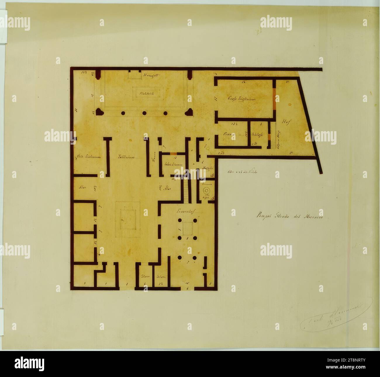 Pompei, regio vi, insula 7, casa 20-21, piano terra, Carl von Hasenauer (Vienna 1833 - 1894 Vienna), 19 marzo 1853, piano, matita, penna in marrone, acquerello, 300 x 332 mm, 'Pompei (sic) strada del mercurio Foto Stock