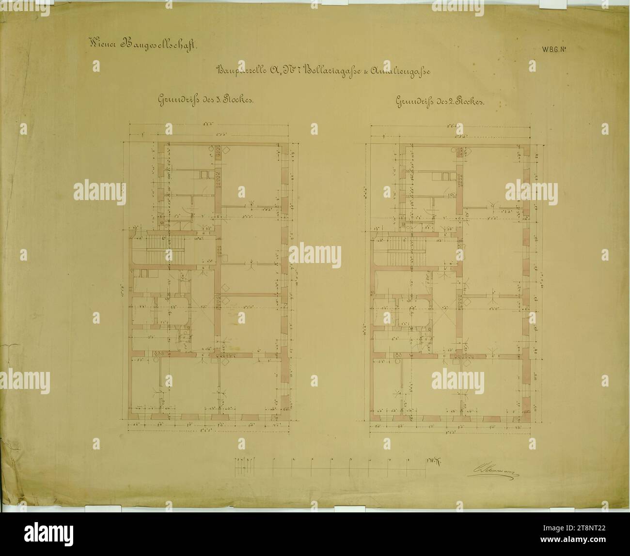 Vienna i, Hansenstraße 1 o 2, 2° e 3° piano, planimetria, Carl Schumann (Esslingen 1827 - 1898 Vienna), intorno al 1870/ 1871, planimetria, pausa, acquerello, 529 x 669 mm, 'Wiener Baugesellschaft.', ' W B. G. No.', 'Building Lot A' No. 7 Bellariagasse & Amaliengasse/ planimetria del 3° piano. Piano terra del 2° piano Foto Stock
