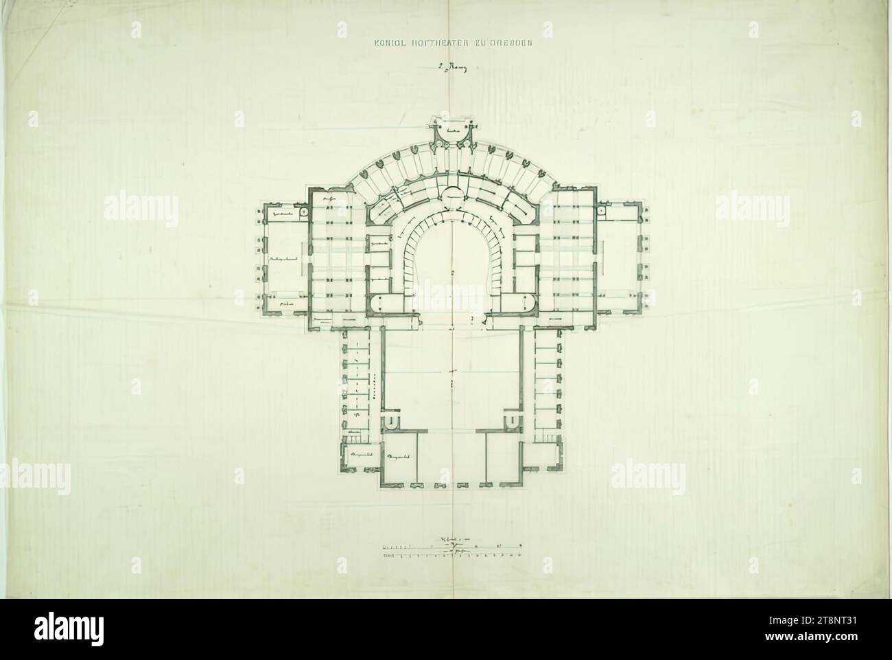 Dresda, secondo teatro di corte, secondo piano, planimetria, intorno al 1840, piano, tela di cera, matita, penna nera, acquerello, 707 x 984 mm, KÖNIGL. DRESDEN COURT THEATER/2° posto Foto Stock
