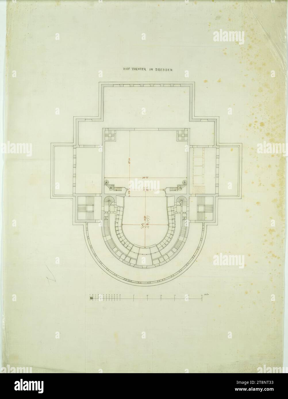 Dresda, primo teatro di corte, piano terra, intorno al 1840, piano, cera, penna e inchiostro nero e rosso, acquerello, 703 x 509 mm, "HOF THEATER" A DRESDA Foto Stock