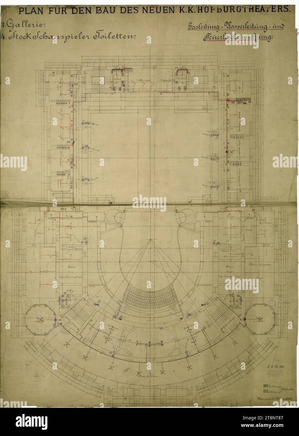 Vienna i, Burgtheater, 3a galleria, piano per le tubature del gas e dell'acqua e le attrezzature antincendio, planimetria, Carl von Hasenauer (Vienna 1833 - 1894 Vienna), 11/15/1888, piano, break, penna, x mm, 'PROGETTO PER LA COSTRUZIONE DEL NUOVO K. K. HOFBURGTHEATER./ 3a galleria./ 4° piano attori servizi igienici./ linea del gas - linea dell'acqua - e attrezzature antincendio Foto Stock