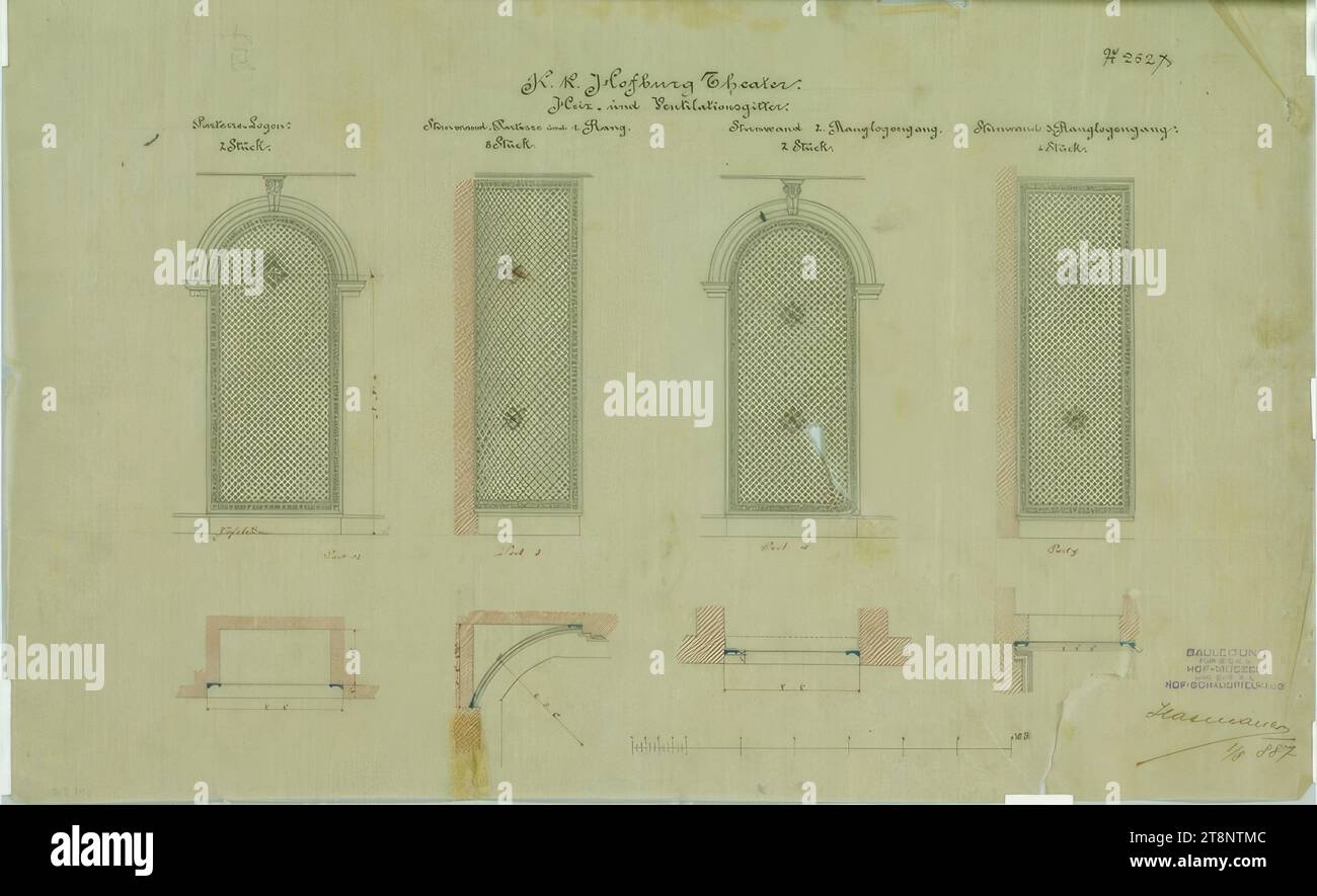 Vienna i, Burgtheater, griglie di riscaldamento e ventilazione, planimetrie ed elevazioni, Carl von Hasenauer (Vienna 1833 - 1894 Vienna), 1° agosto 1887, disegno architettonico, carta trasparente, penna e inchiostro in nero e rosso, 390 x 632 mm, "BAULEITUNG/ für DIE K. K., HOF-MUSEEN/ AND THE K. K. K./ HOF-SCHAUSPIELHAUS", "Nr 252X ", "K. K. Hofburg Theater./ griglie di riscaldamento e ventilazione.", "scatole Parterre./ 2 pezzi.", "parete frontale, piano terra e 1° piano./ 8 pezzi." 'parete anteriore corridoio scatola 2° piano./ 2 pezzi.', 'parete anteriore 3a corsia galleria./ 4 pezzi Foto Stock