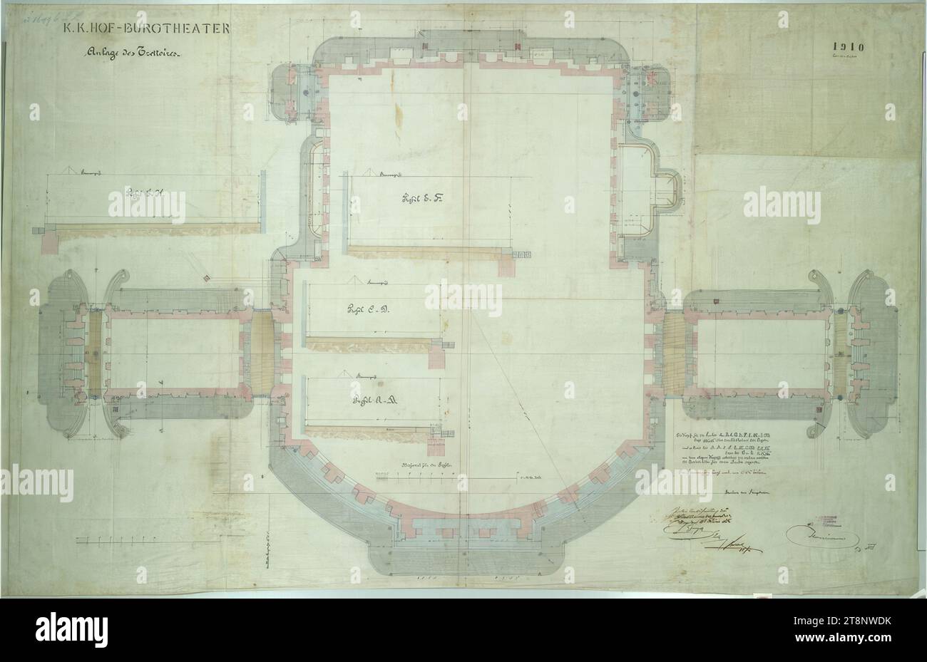 Vienna i, Burgtheater, marciapiedi, pianta del sito, Carl von Hasenauer (Vienna 1833 - 1894 Vienna), 5 maggio 1886, pianta, tela di cera, penna e inchiostro in nero e rosso, acquerello, 1072 x 1669 mm, "BAULEITUNG/ für DIE K. K./ HOF- MUSEUMS/ AND THE K. K. K./ HOF-SCHAUSPIELHAUS", "ad 1649 6 B. L./ K. K. HOF-BURGTHEATER/ installation of the pavement", "1910/ copy of N 1701.", 'l'impresa per i punti ABC DeFGHJM/ è 69' 9' 1 1/2 '' sopra il livello zero Foto Stock