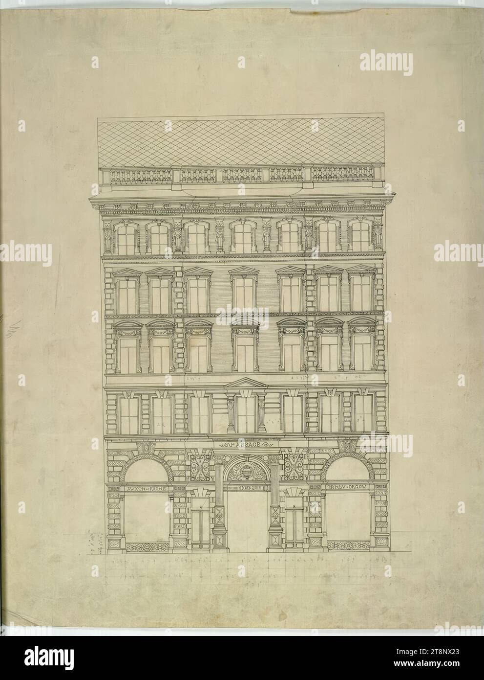 Vienna i, Graben 31, azienda-Hof, facciata di fronte a Goldschmiedgasse, elevazione, Carl von Hasenauer (Vienna 1833 - 1894 Vienna), 1867/ 1869, disegno architettonico, riposo, matita, 601 x 485 mm Foto Stock