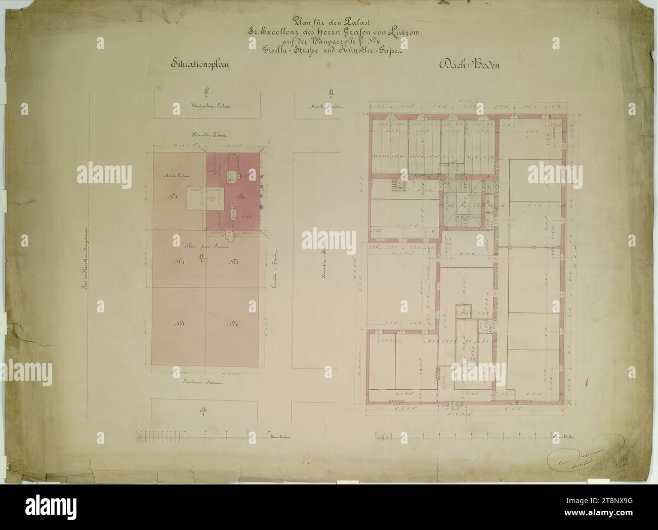 Vienna i, Bösendorferstraße 13, Palais Lützow, attico, planimetria e planimetria, Carl von Hasenauer (Vienna 1833 - 1894 Vienna), settembre 1869, planimetria, matita, penna in nero e rosso, acquerello, 604 x 799 mm, 'piano per il palazzo/ sua Eccellenza Conte von Lützow/ sul lotto dell'edificio o/ 1, N. 6/ Gisella-Strasse (sic) e Künstler-Gasse.', 'piano situazione', 'tetto, pavimento Foto Stock