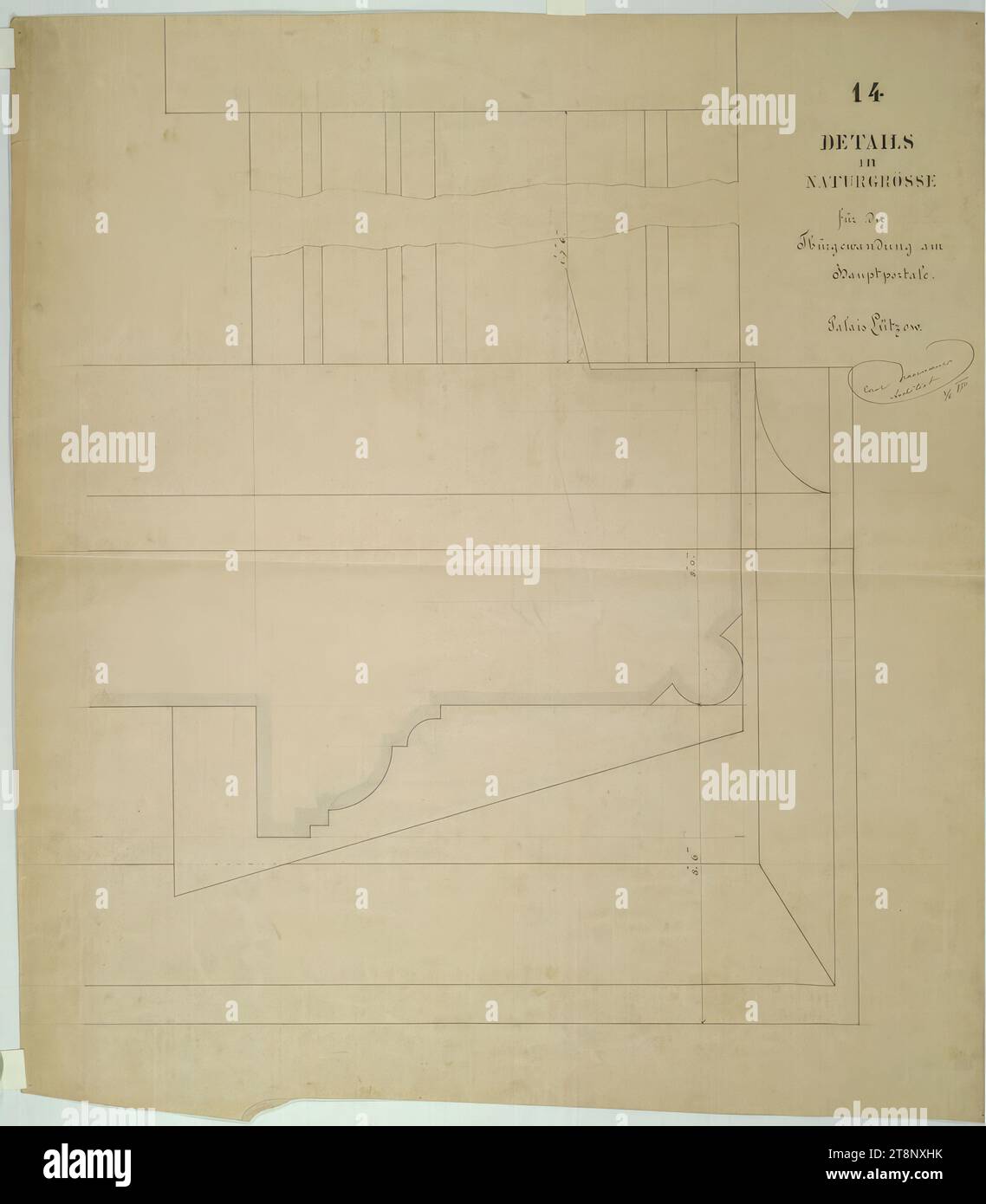 Vienna i, Bösendorferstraße 13, Palais Lützow, inquadratura del portale principale, profilo ed elevazione, Carl von Hasenauer (Vienna 1833 - 1894 Vienna), 3 giugno 1870, pianta, matita, penna in nero e rosso, 779 x 693 mm, '14/ DETAILS/ in/ NATURAL SIZE./ per gli accappatoi su/ portali principali./ Palais Lützow Foto Stock