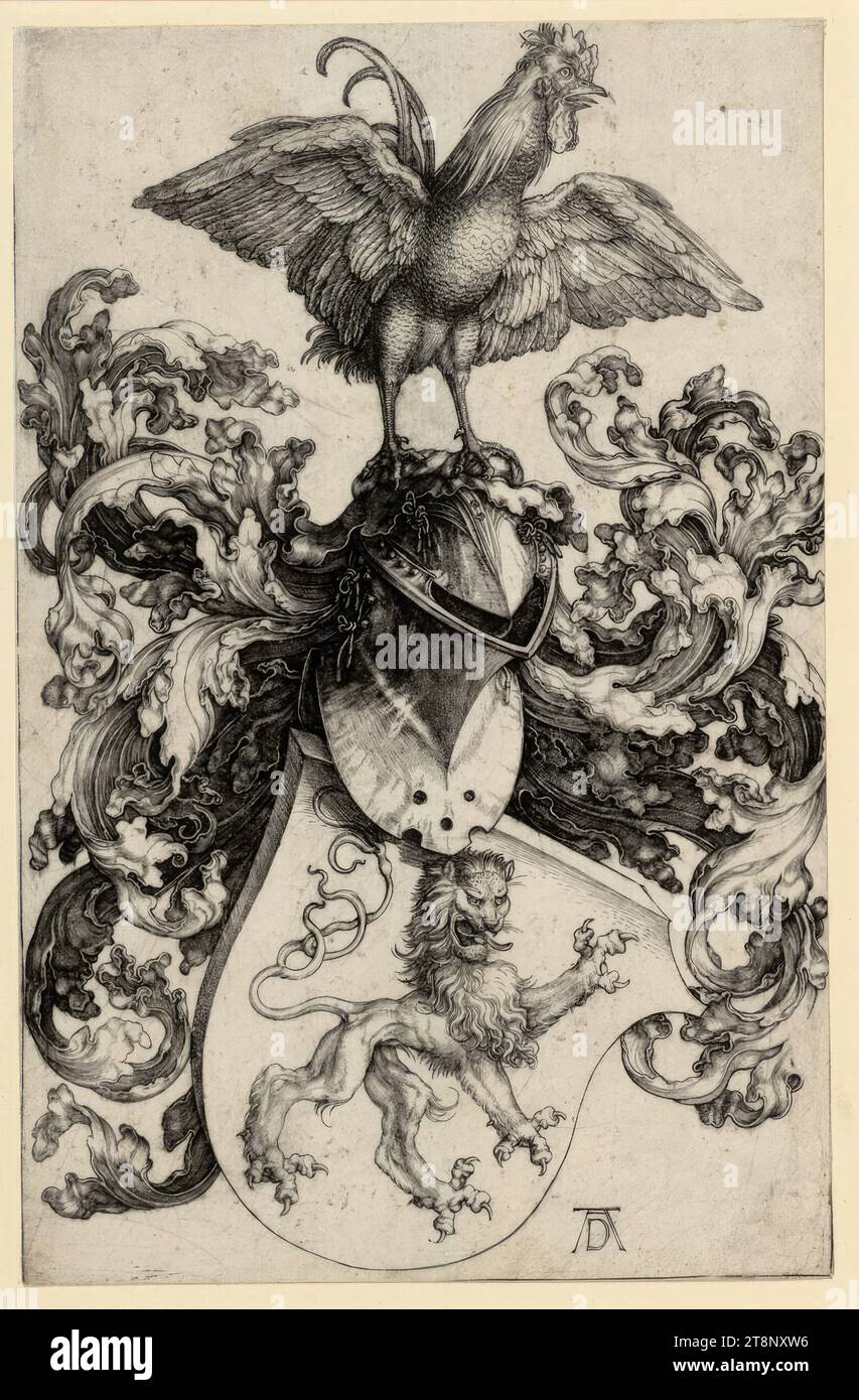 Lo stemma del leone con il gallo, Albrecht Dürer (Norimberga 1471 - 1528 Norimberga), intorno al 1502/03, stampa, incisione in rame; foglio tagliato, resti visibili della linea di intelaiatura, foglio: 18,2 x 11,8 cm Foto Stock