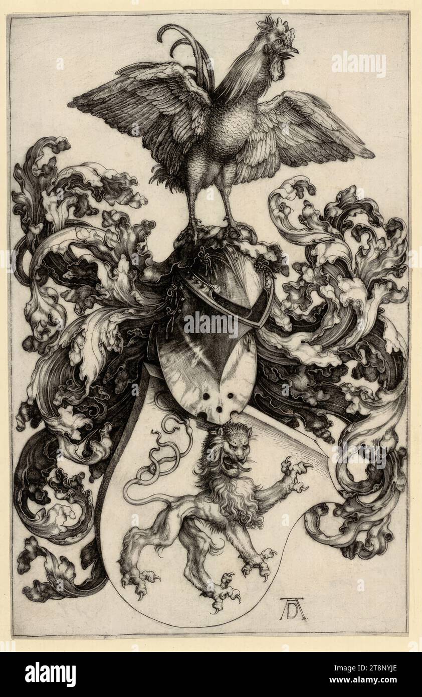 Lo stemma del leone con il gallo, Albrecht Dürer (Norimberga 1471 - 1528 Norimberga), intorno al 1502/03, stampa, incisione in rame; foglio tagliato, foglio: 18,5 x 11,9 cm Foto Stock