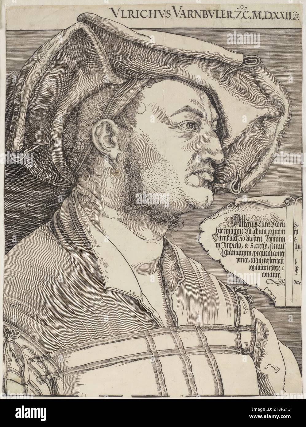 Ulrich Varnbüler, Albrecht Dürer (Norimberga 1471 - 1528 Norimberga), 1522, stampa, taglio su legno; la lastra è rifilata, foglio: 42,8 x 32,6 cm, r.o. 'VLRICHVS VARNBVLER ZC.M.D.XXII.'; M.r.: 'Albertus durer Noric[u]s, hac Imagine, Vlrichum cognom[en]to, Varnbuler, RO. Caesarei Regiminis, in Imperio, a Secretis, simul[ar]chi, gramateum, vt quem amet, vnice, etiam posteriati [vul]t/ cognitum reddere c[oler]eque, conatur.” (Albrecht Dürer di Norimberga vorrebbe usare questa foto per far conoscere ai posteri il segreto e capo scriba del governo imperiale romano, Ulrico Foto Stock