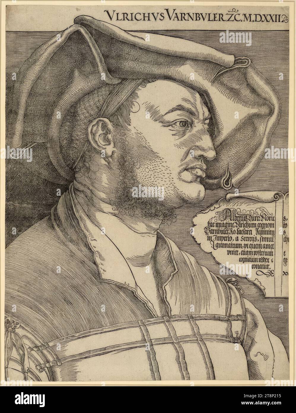 Ritratto di Ulrich Varnbüler, Albrecht Dürer (Norimberga 1471 - 1528 Norimberga), 1522, stampa, taglio del legno; foglio rifilato, foglio: 42,7 x 32,4 cm, r.o. 'VLRICHVS VARNBVLER ZC.M.D.XXII.'; M.r.: 'Albertus durer Noric[u]s, hac Imagine, Vlrichum cognom[en]to, Varnbuler, RO. Caesarei Regiminis, in Imperio, a Secretis, simul[ar]chi, gramateum, vt quem amet, vnice, etiam posteriati [vul]t/ cognitum reddere c[oler]eque, conatur.” (Albrecht Dürer di Norimberga vorrebbe usare questa foto per far conoscere ai posteri il segreto e capo scriba del governo imperiale romano, Ulrico Foto Stock