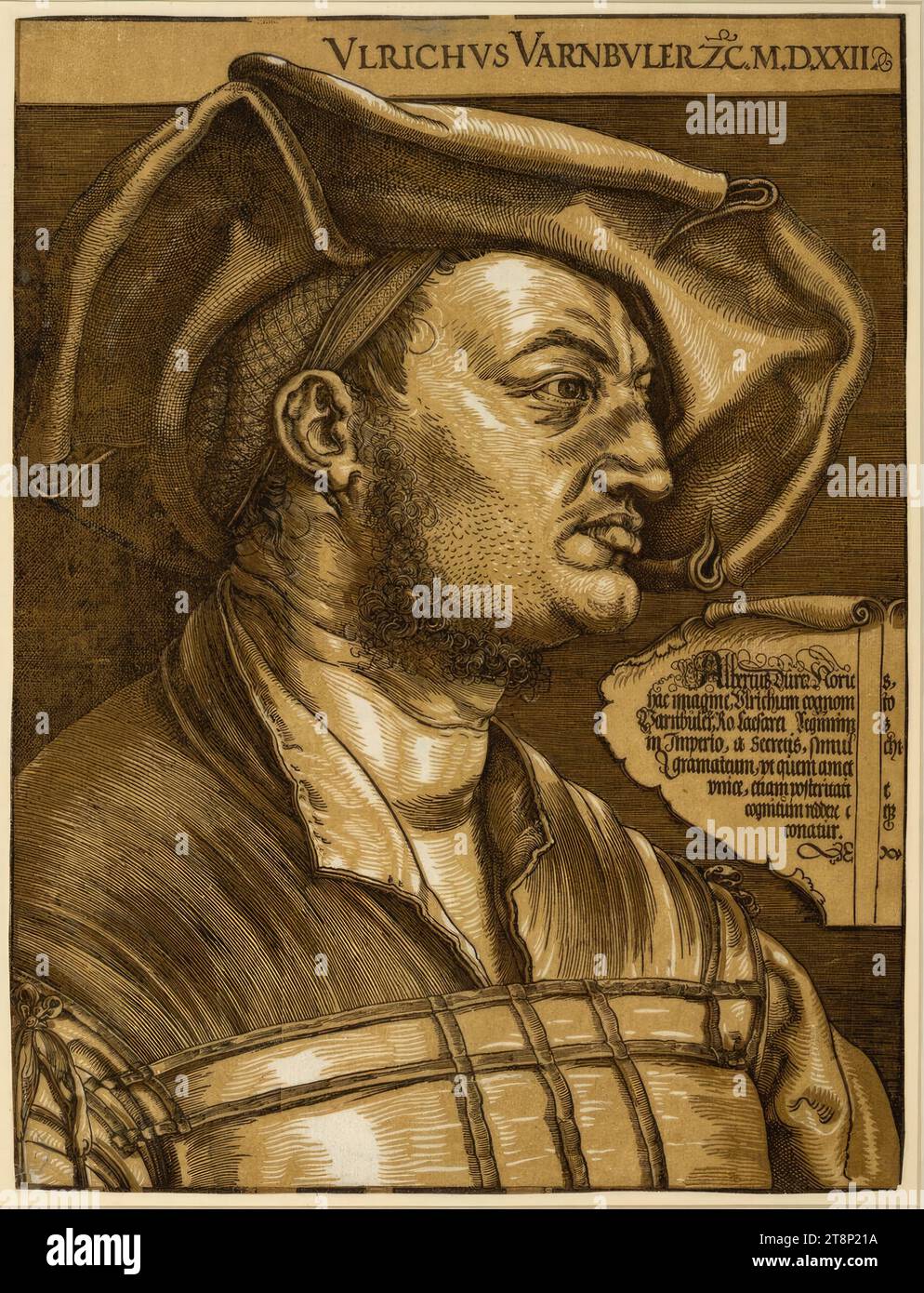 Ritratto di Ulrich Varnbüler, Albrecht Dürer (Norimberga 1471 - 1528 Norimberga), 1522 (stampato da Blaeu, Amsterdam, dopo il 1620), stampa, tagliato in legno (clair Obscur Woodcut), con stampa marrone; il foglio è ritagliato fino all'immagine, i resti del platemark sono distinguibili, foglio: 43,3 x 32,8 cm, r.o. 'VLRICHVS VARNBVLER ZXX M.m.m.m.m.m.m.m.m.m.; "Albertus Durer Noric[u]s, hac Imagine, Vlrichum cognom[en]to, Varnbuler, RO. Caesarei Regiminis, in Imperio, a Secretis, simul[ar]chi, gramateum, vt quem amet, vnice, etiam posteriati [vul]t/ cognitum reddere c[oler]eque Foto Stock