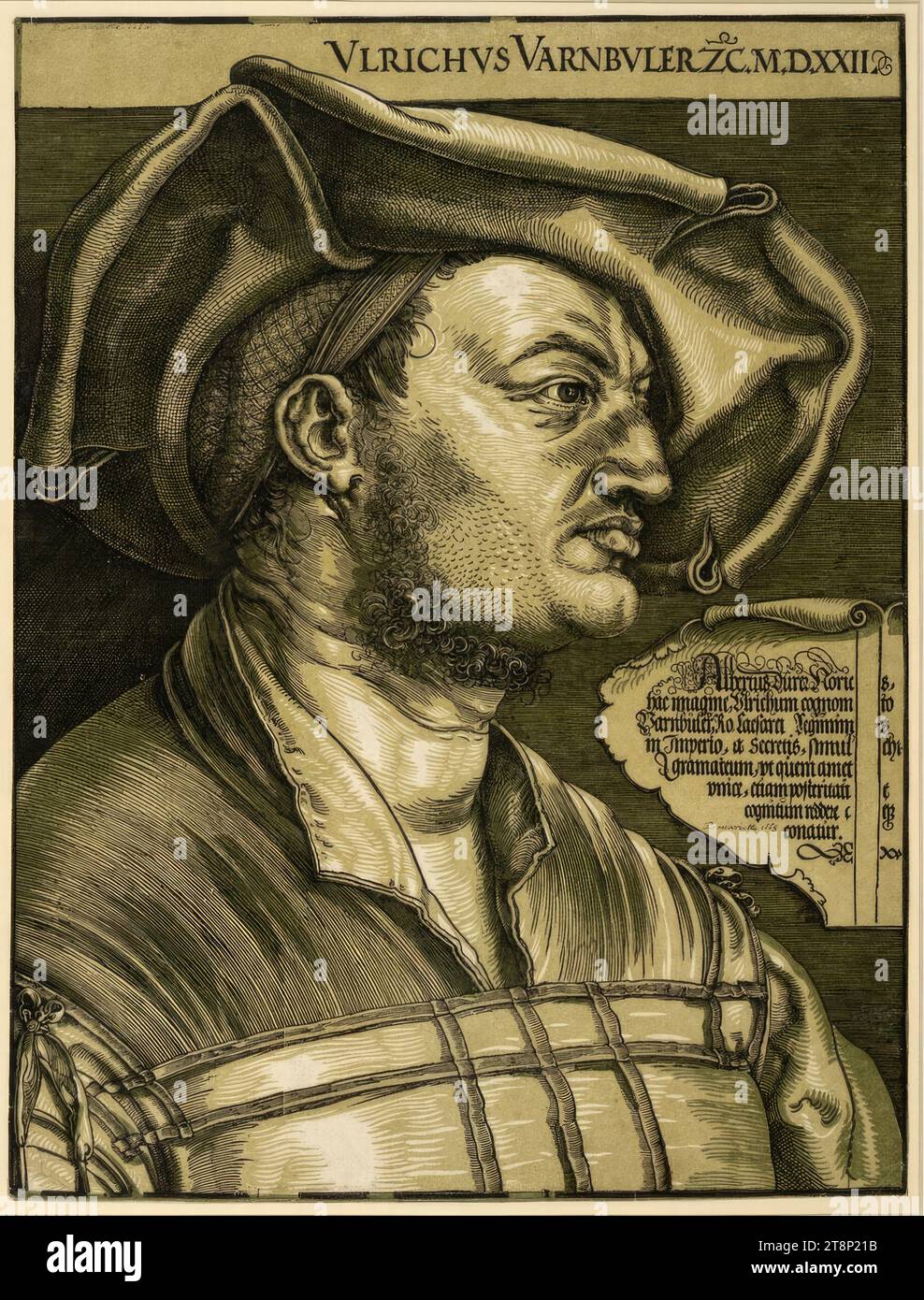 Ritratto di Ulrich Varnbüler, Albrecht Dürer (Norimberga 1471 - 1528 Norimberga), 1522 (stampa Blaeu, Amsterdam, dopo il 1620), stampa, tagliato in legno (clair obscur woodcut), con stampa tonica di oliva; foglio rifinito in platemark, foglio: 43,6 x 33 cm, r.o. 'VLRICHVS VARNBVLER ZC.M.D.XXII.'; M.r.: 'Albertus Durer Noric[u]s, hac Imagine, Vlrichum cognom[en]to, Varnbuler, RO. Caesarei Regiminis, in Imperio, a Secretis, simul[ar]chi, gramateum, vt quem amet, vnice, etiam posteriati [vul]t/ cognitum reddere c[oler]eque Foto Stock