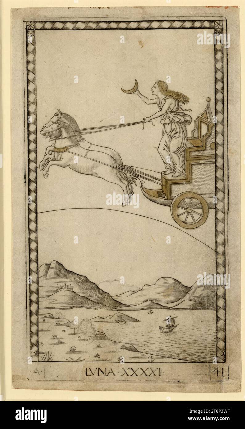 La luna, serie e Ferrara, Maestro di Tarocchi, prima del 1467, stampa, incisione in rame Foto Stock