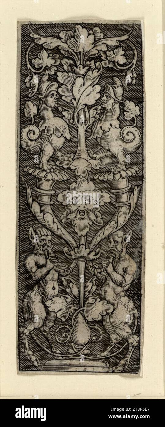 Ornamento ascendente con due satiri, Monogrammist AC (Paesi Bassi, i metà del XVI secolo), i metà del XVI secolo, stampa, incisione in rame, lastra: 9,1 x 3,2 cm (secondo Hollstein Foto Stock