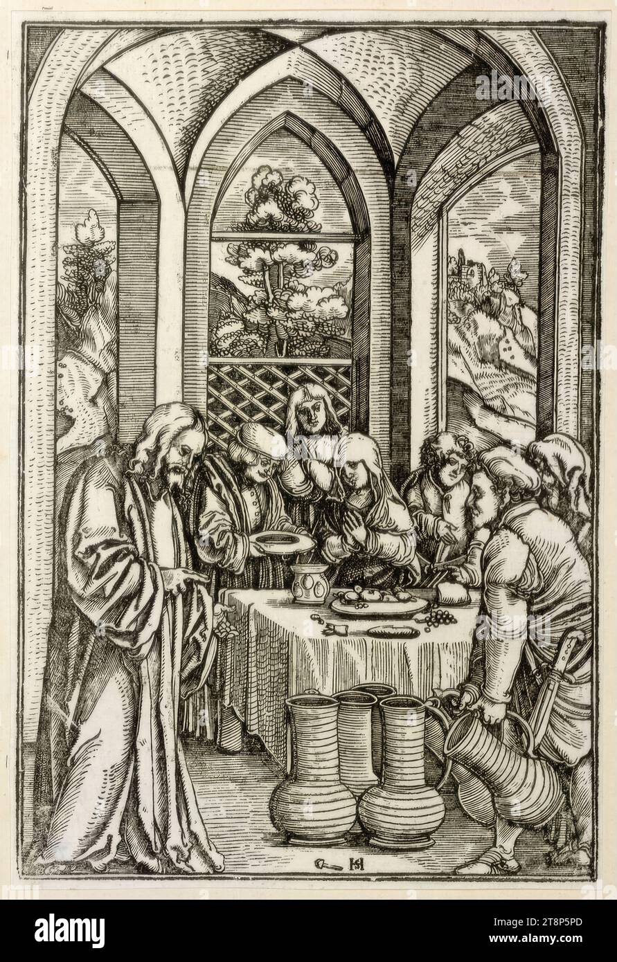 La trasformazione dell'acqua in vino al matrimonio a Cana, da un ciclo sulla vita di Cristo e la sua passione (Hollstein 1141-1154), Hans Schäufelin (alto Reno circa 1482/83 - 1539/40 Nördlingen), 1511-1512, stampa, taglio di legno, foglio: 23,8 x 16,1 cm Foto Stock