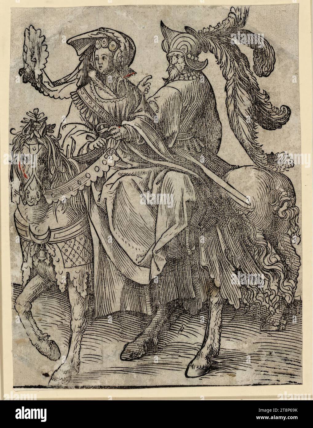 Gertrude e Roberto il Frisone, i conti e i conti d'Olanda a cavallo, Jacob Cornelisz van Oostsanen (Oostsanen 1470 - 1533 Amsterdam), 1518, stampa, taglio del legno, foglio: 17 x 12,8 cm Foto Stock