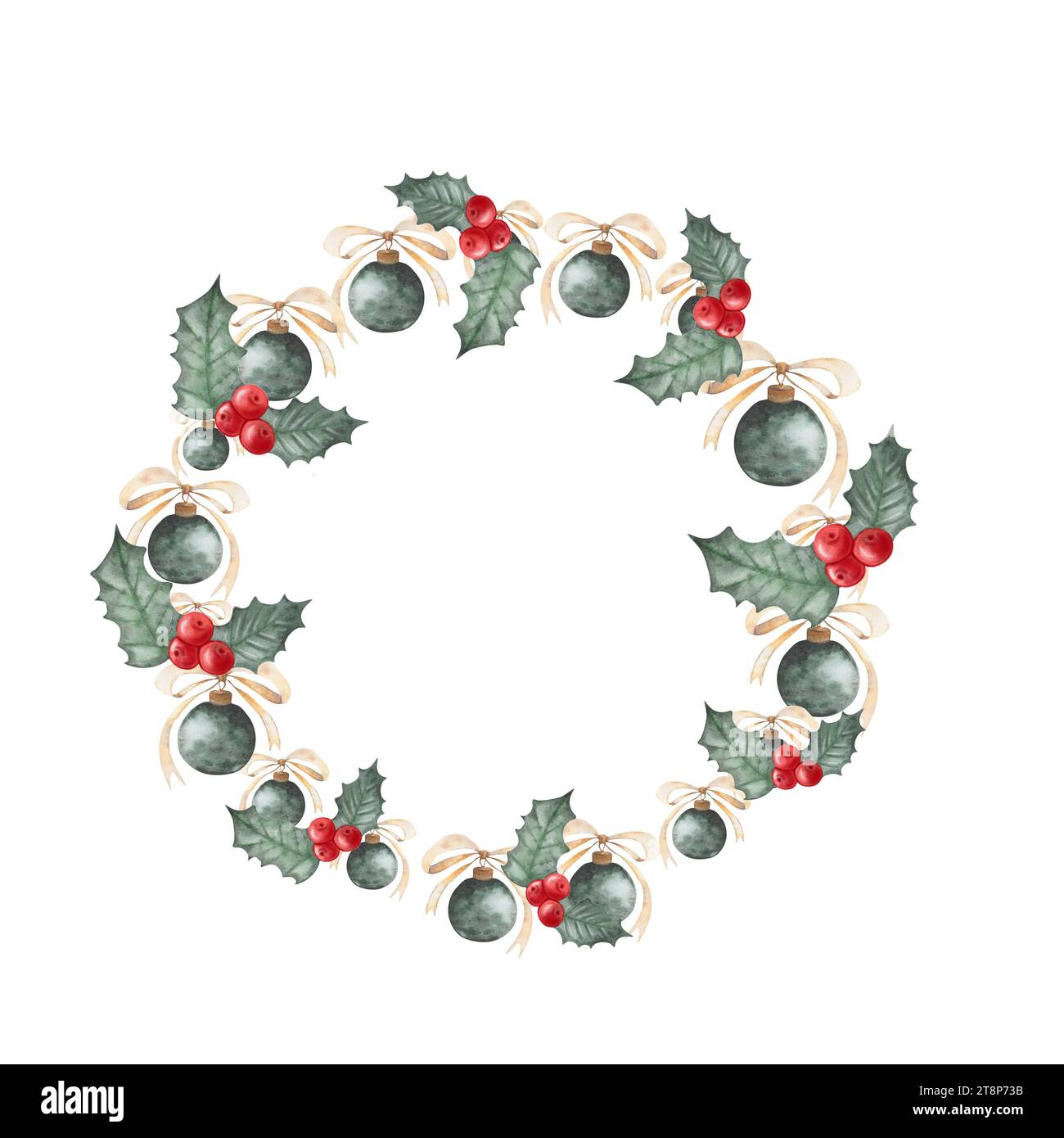Cornice rotonda acquerello con palle d'epoca verdi dell'albero di Natale e holly con bacche rosse. Corona festiva per decorazioni all'aperto Foto Stock
