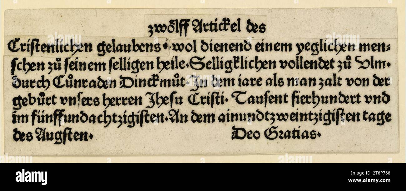 Testo finale, illustrazione della "dichiarazione dei dodici articoli di fede cristiana" di Konrad Dinckmut, Ulm, 1485, Konrad Dinckmut (attivo nel 1477-1499 a Ulma), 1485, stampa, xilografia, foglio: 4,6 x 12,4 cm Foto Stock