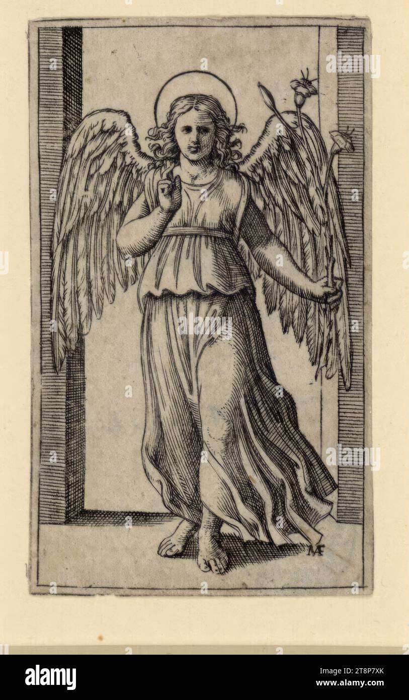 Arcangelo Gabriele, Marcantonio Raimondi (Argini vicino Bologna?) Circa 1480 - 1527/34 Bologna), circa 1505 - 1515, stampa, incisione rame, 7,5 cm x 4,5 cm Foto Stock