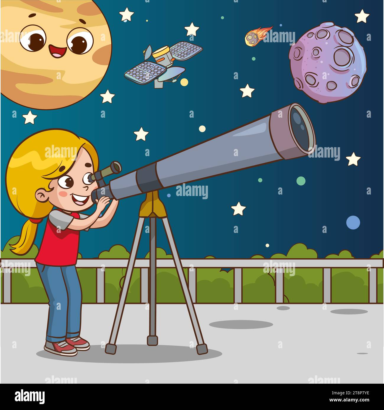 Illustrazione vettoriale di bambini che guardano il telescopio Illustrazione Vettoriale