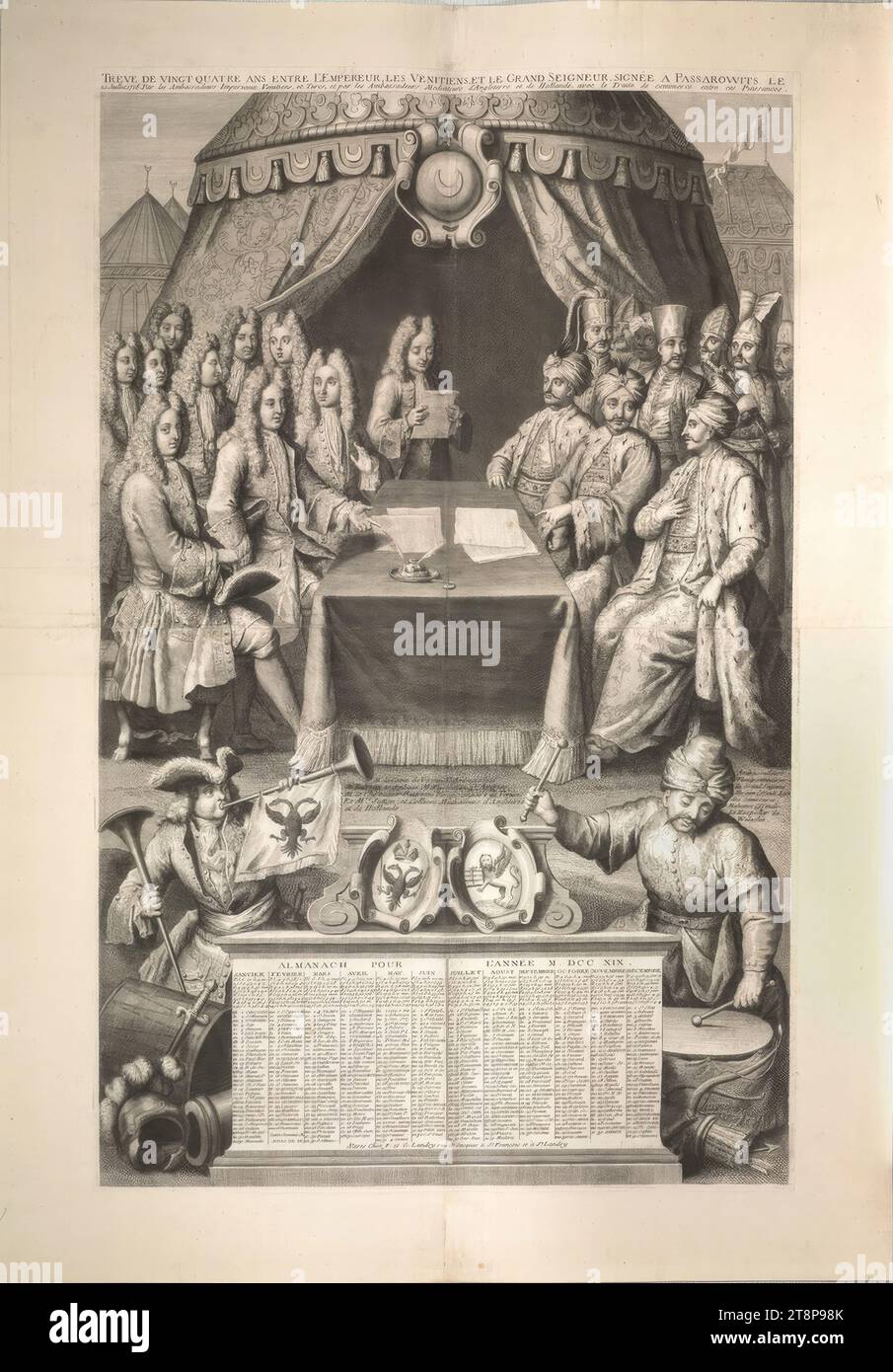 Foglio di calendario sulla Pace di Passarowitz del 21 luglio 1718, anonimo, (dopo) 1718, stampa, incisione rame, foglio: 99,5 x 70 cm Foto Stock