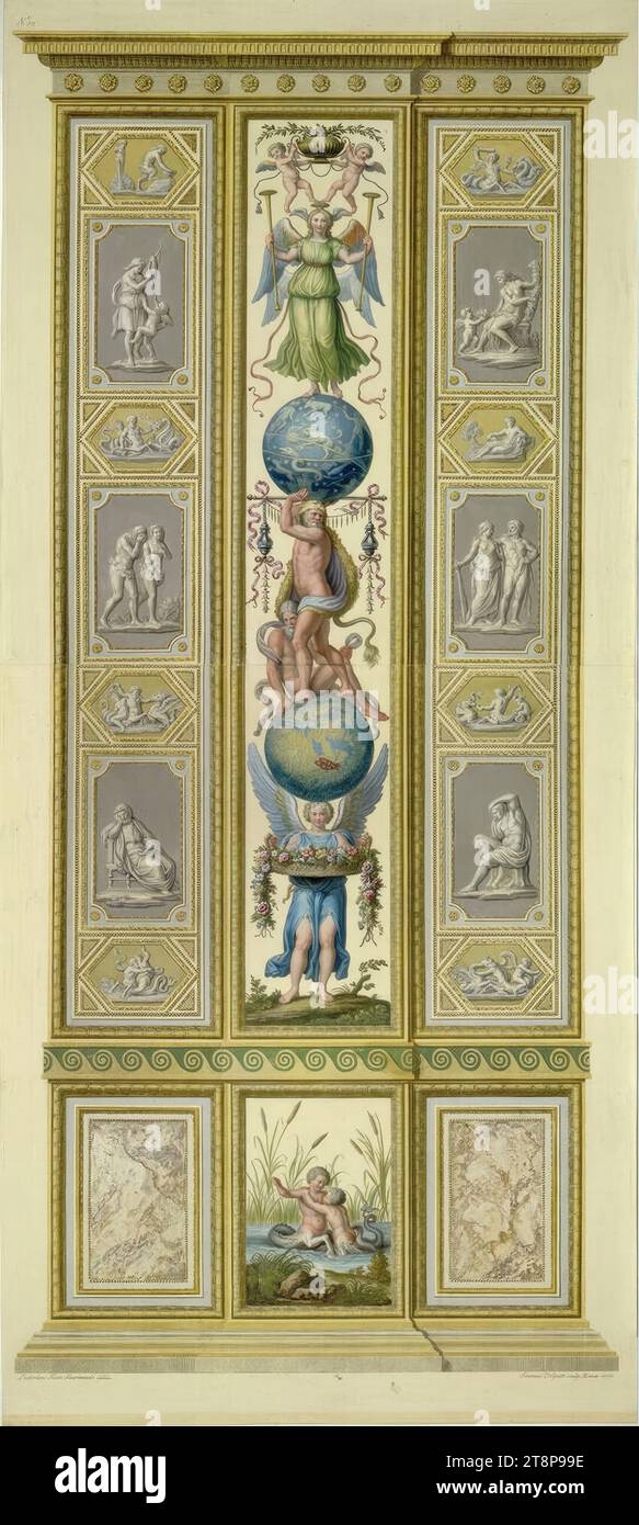 Logge di Raffaello in Vaticano: Pilastro VII B, esterno (dio del fiume bambini che giocano), 1776, stampa, incisione in rame colorato, foglio: 107 x 47,6 cm, l.o. 'N. 12 Foto Stock