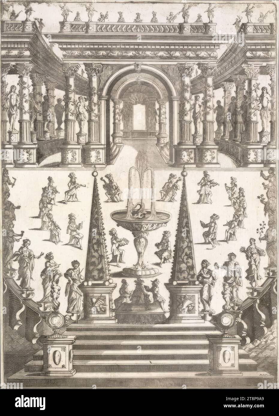 Fiera con musicisti a Venezia, Alessandro dalla via (attivo in Italia, 1688 - 1724), stampa, incisione, foglio: 46,2 x 33 cm Foto Stock