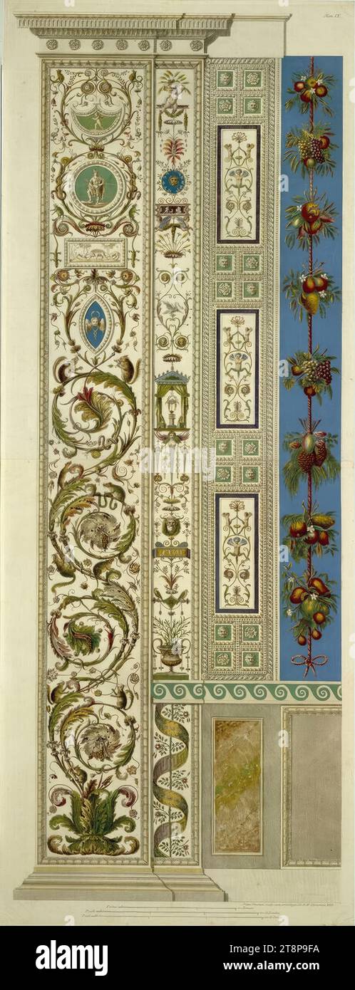 Le logge di Raffaello in Vaticano: Pilastro IX (ornamenti di foglie, animali a sinistra), le logge di Raffaello in Vaticano ("Loggie di Rafaele nel Vaticano"), 1772, stampa, incisione in rame colorato, foglio: 108,1 x 41,4 cm, r.o. 'num. IX Foto Stock