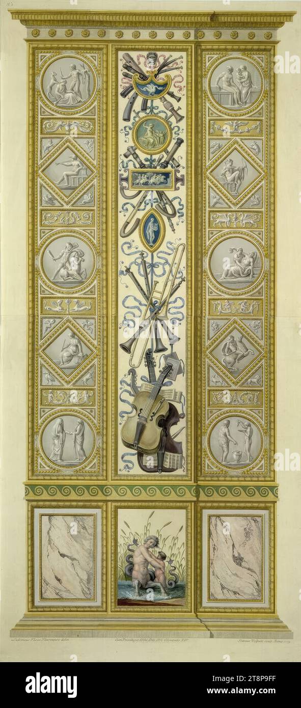 Logge di Raffaello in Vaticano: Pilastro VII B, esterno (River god Children Playing), 1774, stampa, incisione in rame colorato, foglio: 105,8 x 48 cm, l.o. 'N°3 Foto Stock