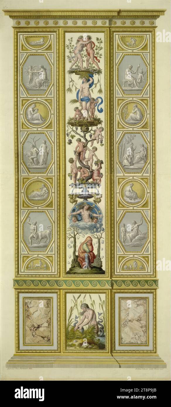Logge di Raffaello in Vaticano: Pilastro (dea del fiume addossata su canne), 1775, stampa, incisione in rame colorato, foglio: 106,7 x 48,5 cm, l.o. 'N°8 Foto Stock